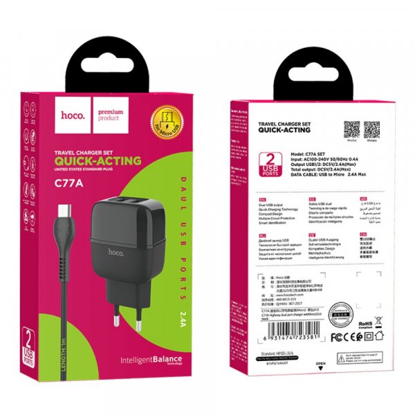 СЗУ USBx2 + кабель micro-USB, 2.4A, Hoco C77A, чёрный