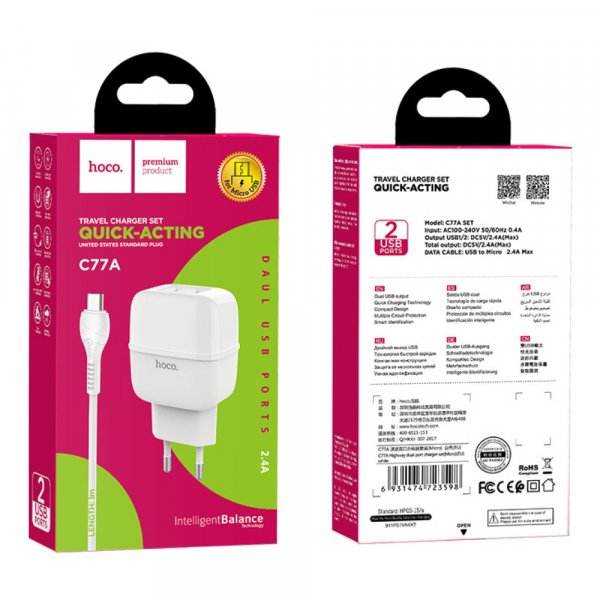 СЗУ USBx2 + кабель micro-USB, 2.4A, Hoco C77A, белый