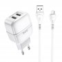 СЗУ USBx2 + кабель micro-USB, 2.4A, Hoco C77A, белый