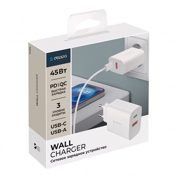 СЗУ Type-C + USB, PD45W, QC4.0, Deppa, белый