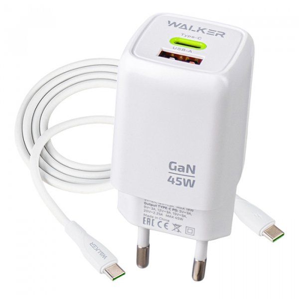 СЗУ Type-C + USB + кабель Type-C - Type-C, PD45W, QC3.0, GaN, Walker WH-73, белый