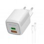 СЗУ Type-C + USB + кабель Type-C - Type-C, PD45W, QC3.0, GaN, Walker WH-73, белый