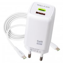 СЗУ Type-C + USB + кабель Type-C - Type-C, PD65W, QC3.0, GaN, Walker WH-75, белый