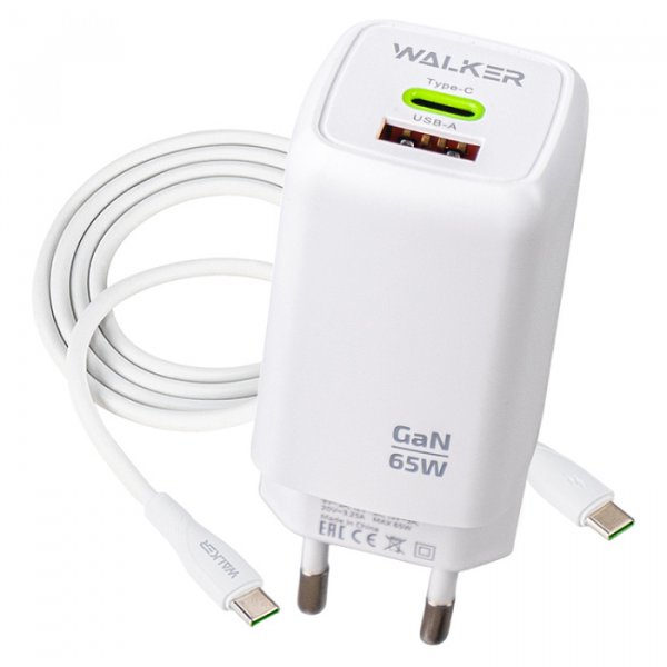СЗУ Type-C + USB + кабель Type-C - Type-C, PD65W, QC3.0, GaN, Walker WH-75, белый