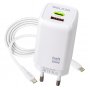 СЗУ Type-C + USB + кабель Type-C - Type-C, PD65W, QC3.0, GaN, Walker WH-75, белый