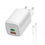 СЗУ Type-C + USB + кабель Type-C - Type-C, PD65W, QC3.0, GaN, Walker WH-75, белый